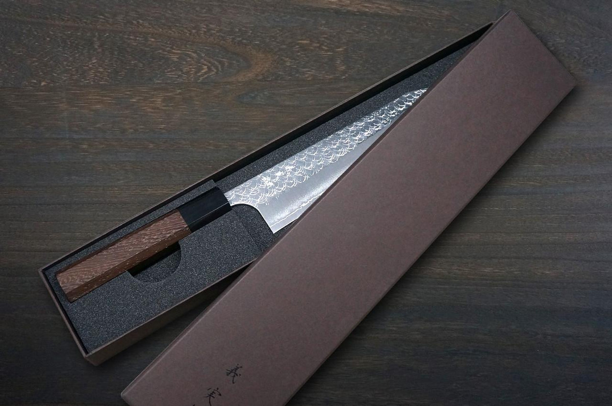 Yoshimi Kato R2 MINAMO Hammered WG8B Japanese Chef's Kengata-Gyuto Knife 210mm with Wenge Handle 