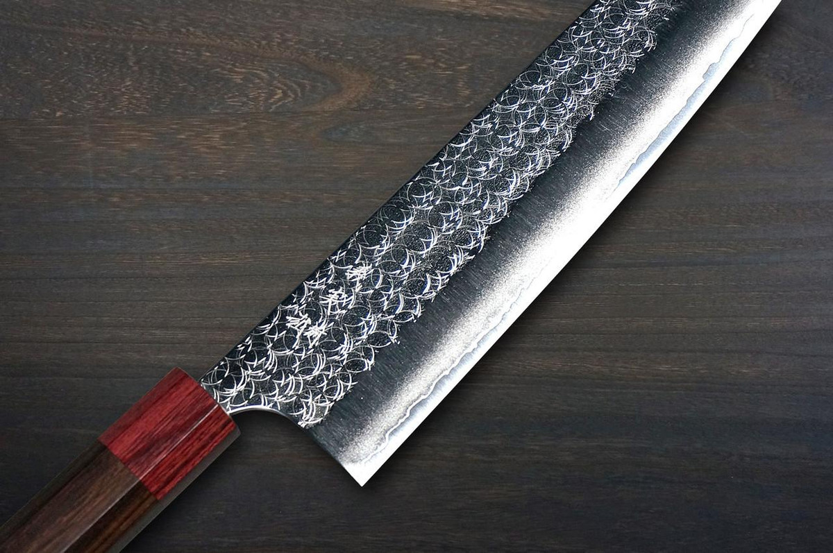 Yoshimi Kato R2 MINAMO Hammered RS8R Japanese Chef's Gyuto Knife 240mm with Red-Ring Octagonal Handle 