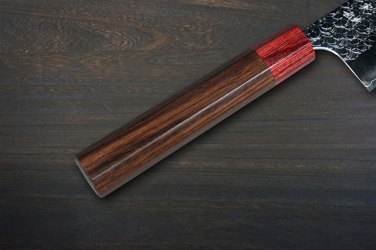 Yoshimi Kato R2 MINAMO Hammered RS8R Japanese Chef's Kengata-Gyuto Knife 240mm with Red-Ring Octagonal Handle 