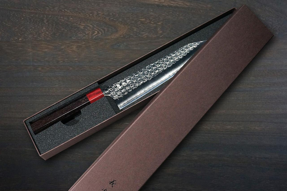 Yoshimi Kato R2 MINAMO Hammered RS8R Japanese Chef's Kengata-Gyuto Knife 240mm with Red-Ring Octagonal Handle 