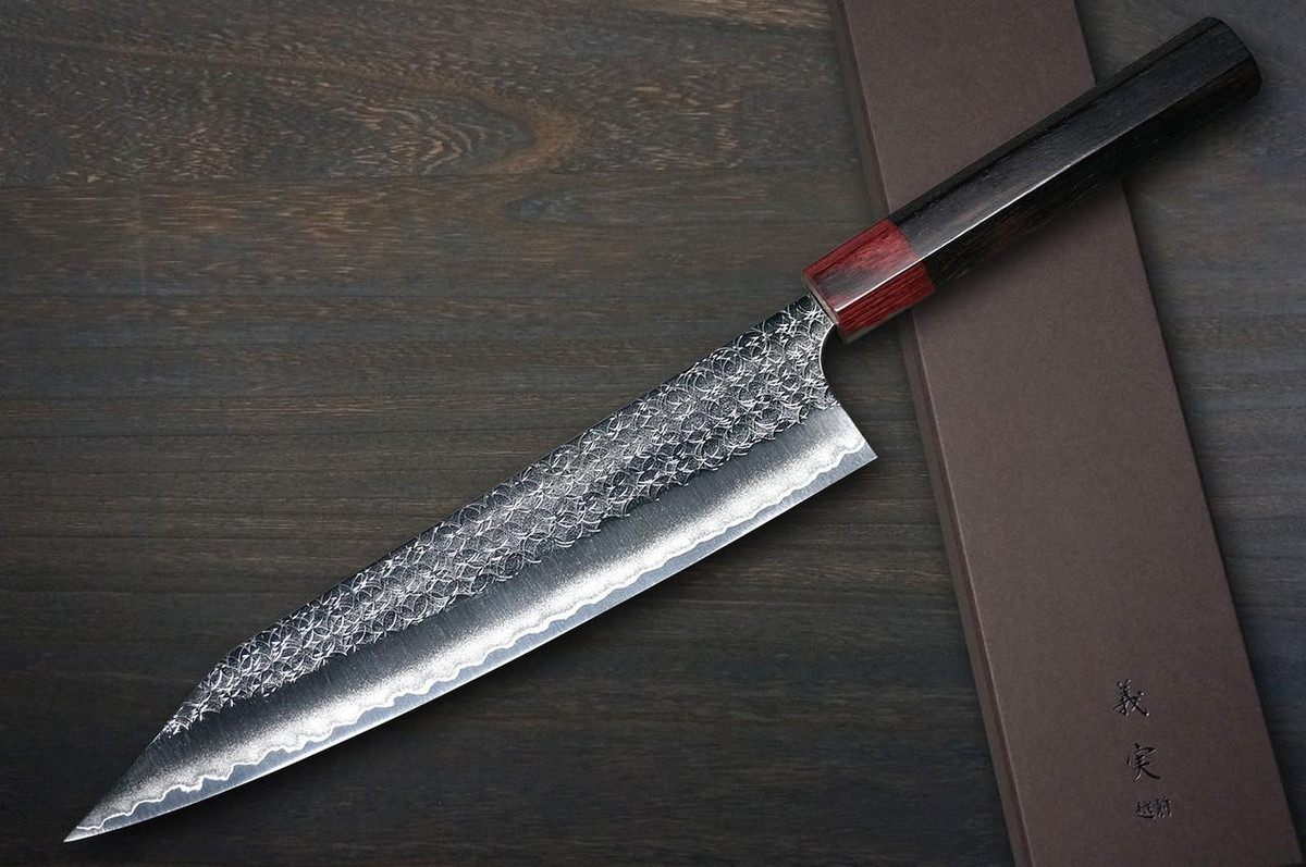 Yoshimi Kato R2 MINAMO Hammered RS8R Japanese Chef's Kengata-Gyuto Knife 240mm with Red-Ring Octagonal Handle 