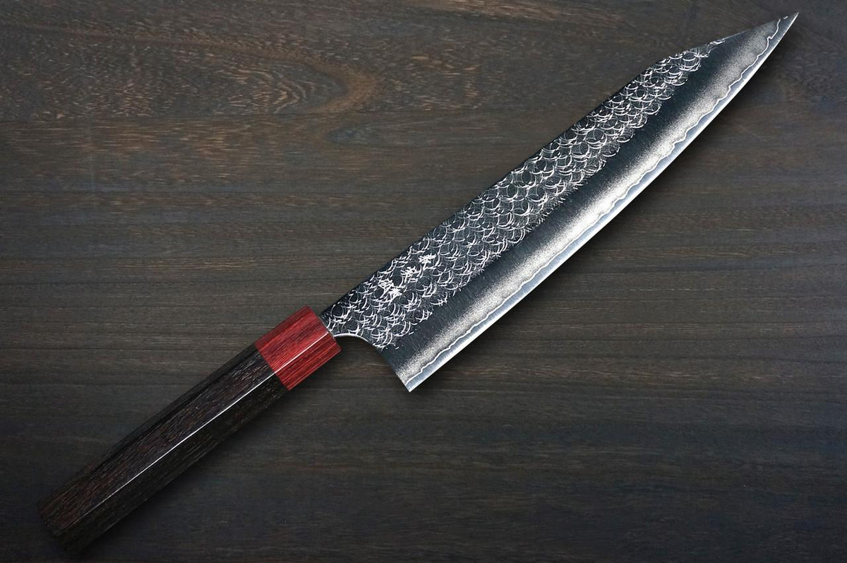 Yoshimi Kato R2 MINAMO Hammered RS8R Japanese Chef's Kengata-Gyuto Knife 240mm with Red-Ring Octagonal Handle 