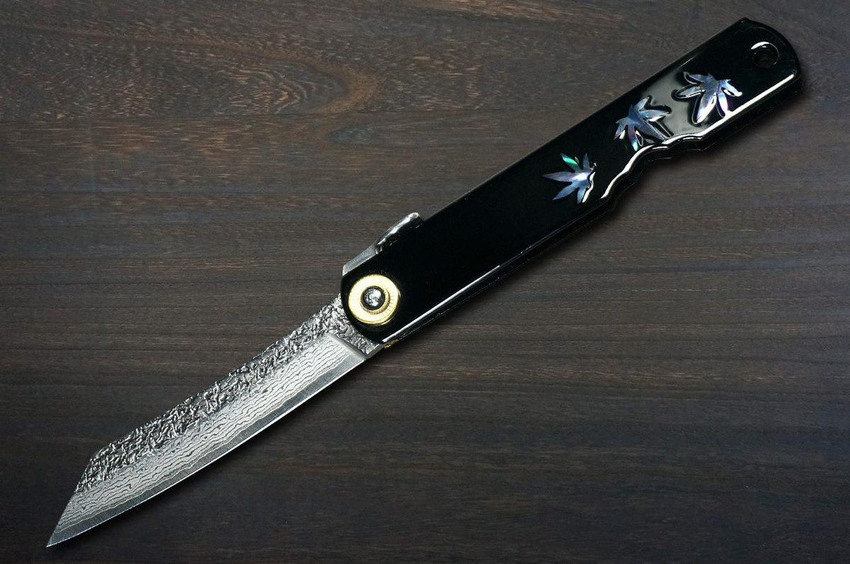 HIGONOKAMI Nagao Kanekoma VG10 Damascus Raden-Makie-Art Folding Petty Knife(Utility) 75mm with Raden Makie Urushi Handle MOMIJI 