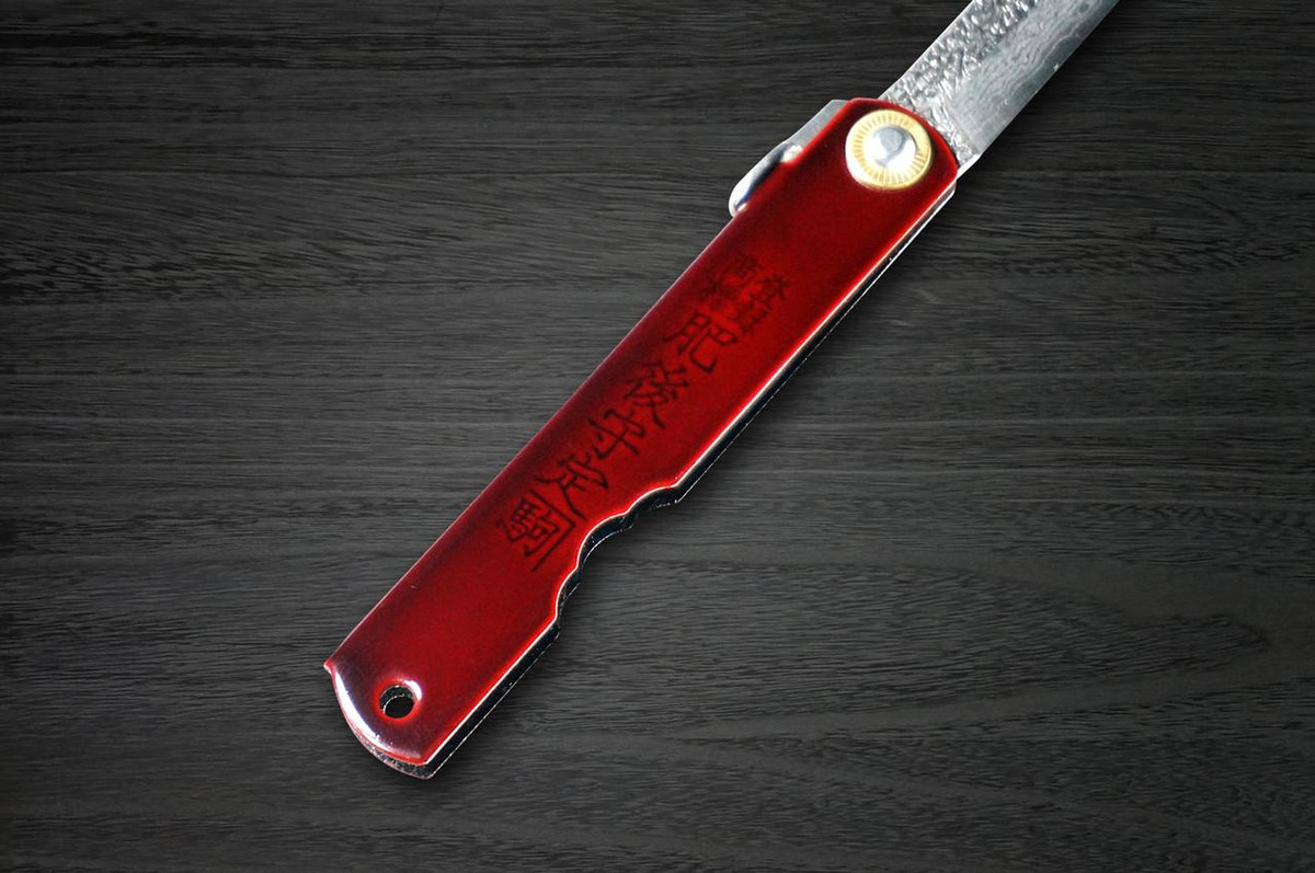 HIGONOKAMI Nagao Kanekoma VG10 Damascus Raden-Makie-Art Folding Petty Knife(Utility) 75mm with Red Urushi Handle KURENAI 