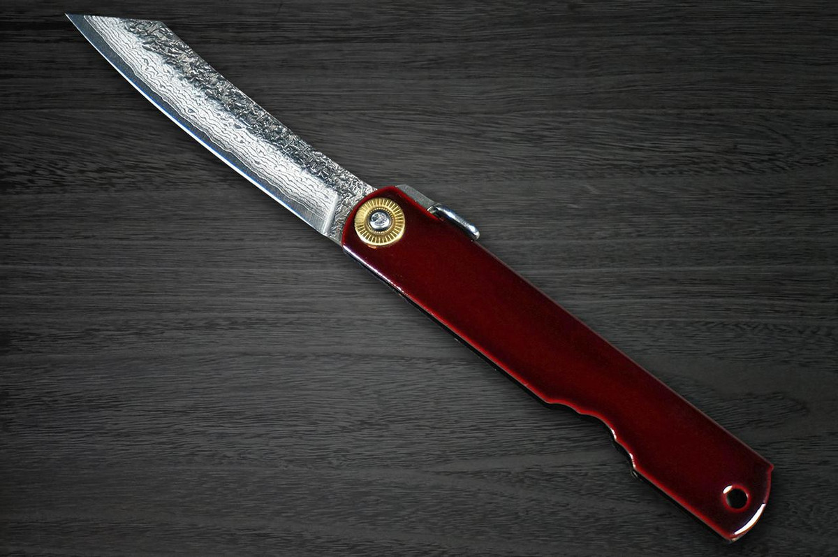 HIGONOKAMI Nagao Kanekoma VG10 Damascus Raden-Makie-Art Folding Petty Knife(Utility) 75mm with Red Urushi Handle KURENAI 