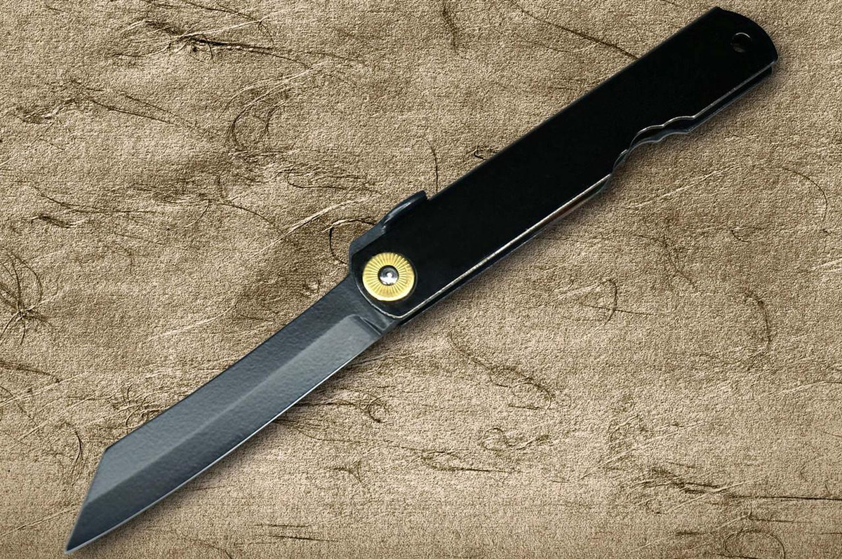 HIGONOKAMI Nagao Kanekoma Aogami All Black Coating Folding Petty Knife(Utility) 72mm with Black Brass Handle 
