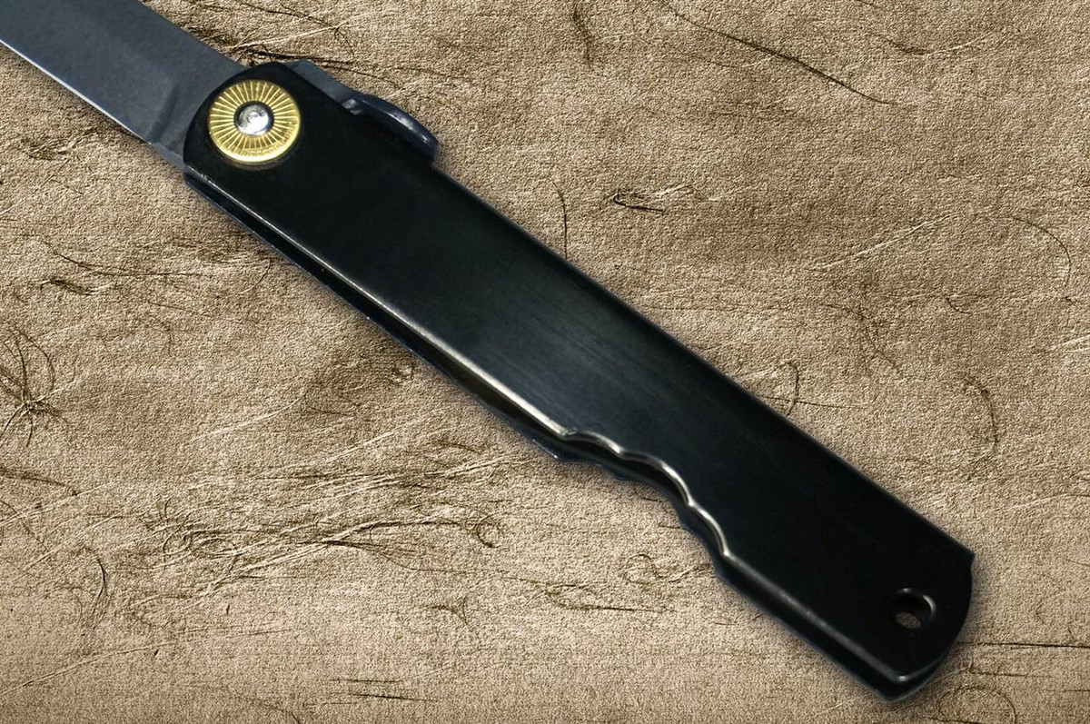 HIGONOKAMI Nagao Kanekoma Aogami All Black Coating Folding Petty Knife(Utility) 72mm with Black Brass Handle 