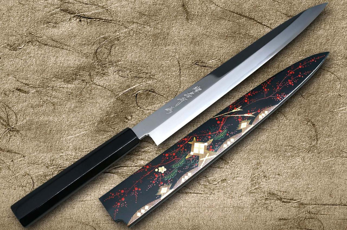 Sakai Takayuki AIDU-NURI Art Mirrored Ginsan Japanese Chef's Yanagiba(Sashimi) 300mm with Japanese Urushi Lacquered Handle and Saya Sheath [BLACK-AIDUE] 