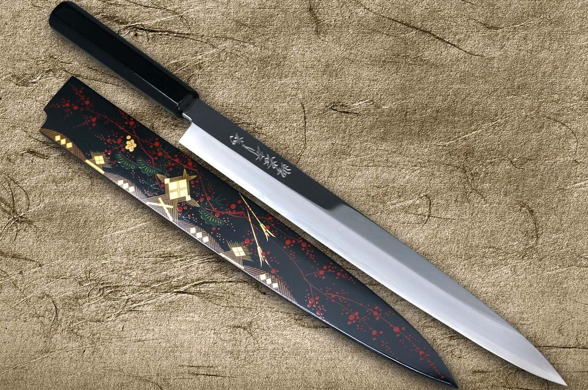 Sakai Takayuki AIDU-NURI Art Mirrored Ginsan Japanese Chef's Yanagiba(Sashimi) 300mm with Japanese Urushi Lacquered Handle and Saya Sheath [BLACK-AIDUE] 