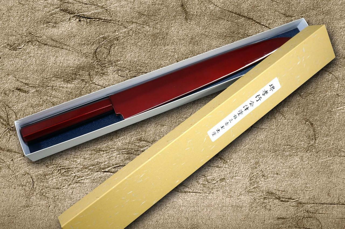 Sakai Takayuki AIDU-NURI Art Mirrored Ginsan Japanese Chef's Yanagiba(Sashimi) 300mm with Japanese Urushi Lacquered Handle and Saya Sheath [RED-TAMAMUSHI] 