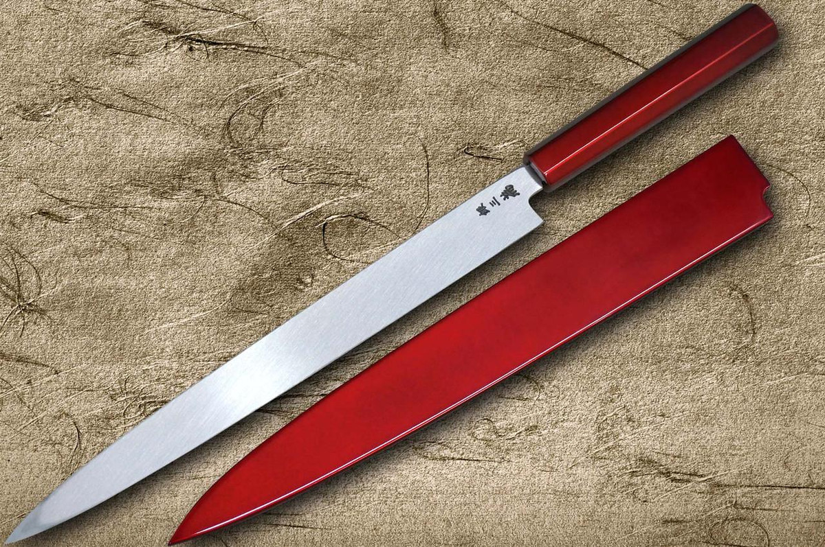 Sakai Takayuki AIDU-NURI Art Mirrored Ginsan Japanese Chef's Yanagiba(Sashimi) 300mm with Japanese Urushi Lacquered Handle and Saya Sheath [RED-TAMAMUSHI] 