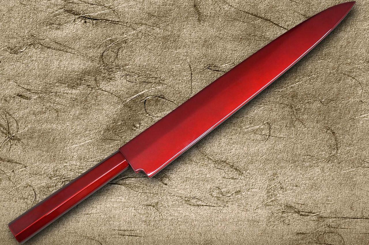 Sakai Takayuki AIDU-NURI Art Mirrored Ginsan Japanese Chef's Yanagiba(Sashimi) 300mm with Japanese Urushi Lacquered Handle and Saya Sheath [RED-TAMAMUSHI] 