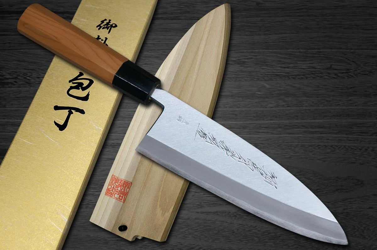 Yoshihiro Aogami No.1 Wave Aonamiuchi B1HC-Y Japanese Chef's Deba Knife 165mm with Saya Sheath and Yew Handle 