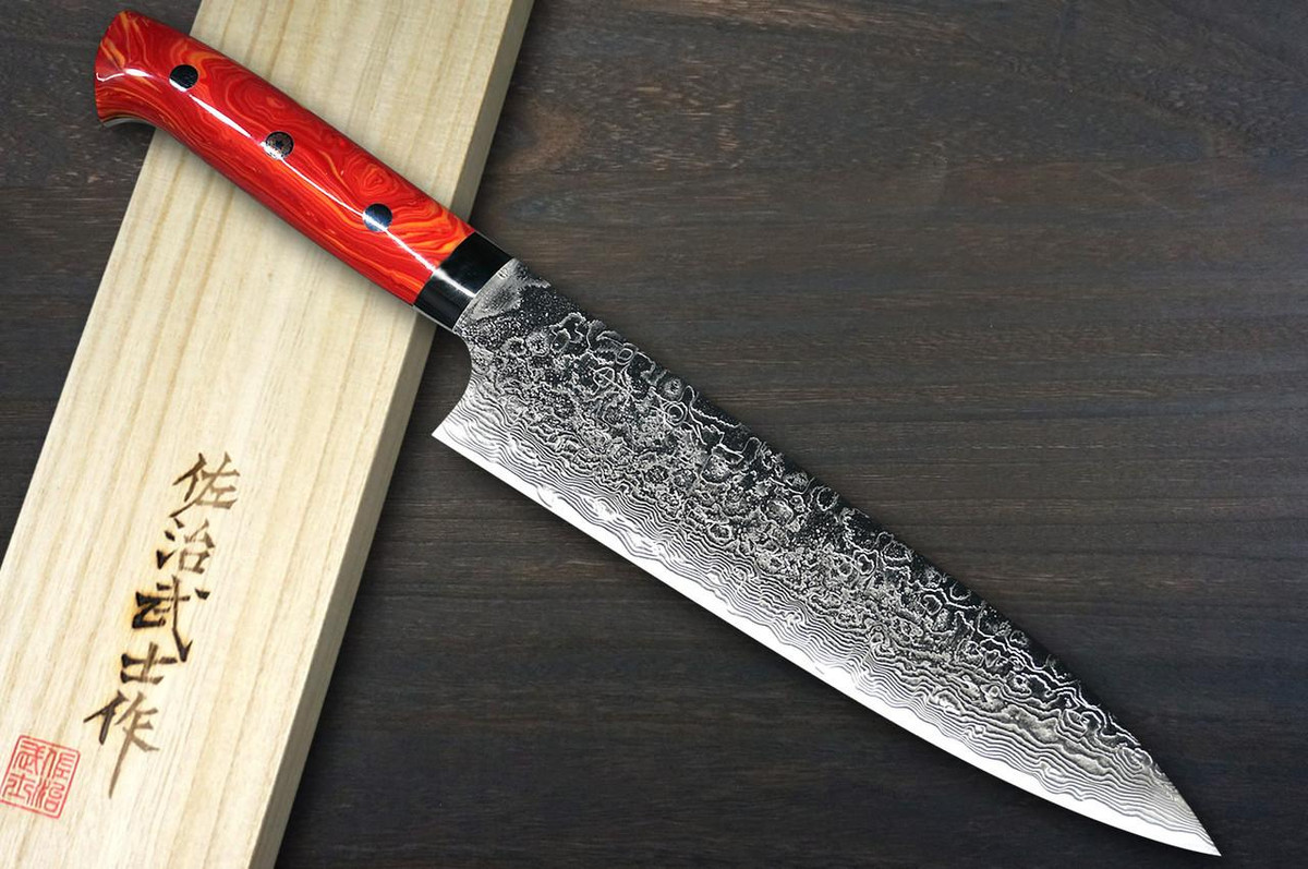 Takeshi Saji R2 Diamond Finish Damascus TCR Japanese Chef's Gyuto Knife 210mm with Red-Yellow Turquoise Handle 