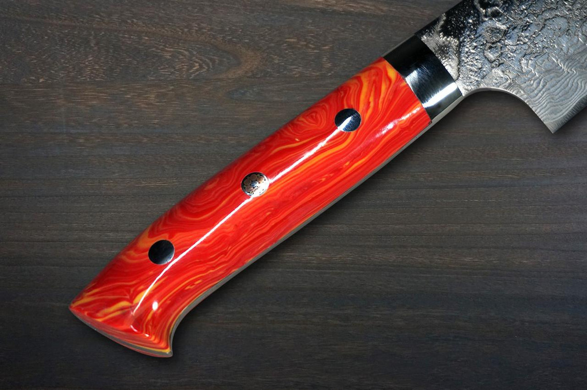 Takeshi Saji R2 Diamond Finish Damascus TCR Japanese Chef's Gyuto Knife 210mm with Red-Yellow Turquoise Handle 