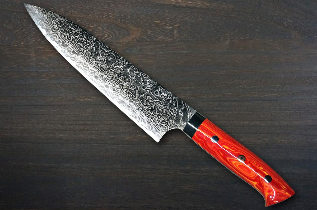 Takeshi Saji R2 Diamond Finish Damascus TCR Japanese Chef's Gyuto Knife 210mm with Red-Yellow Turquoise Handle 