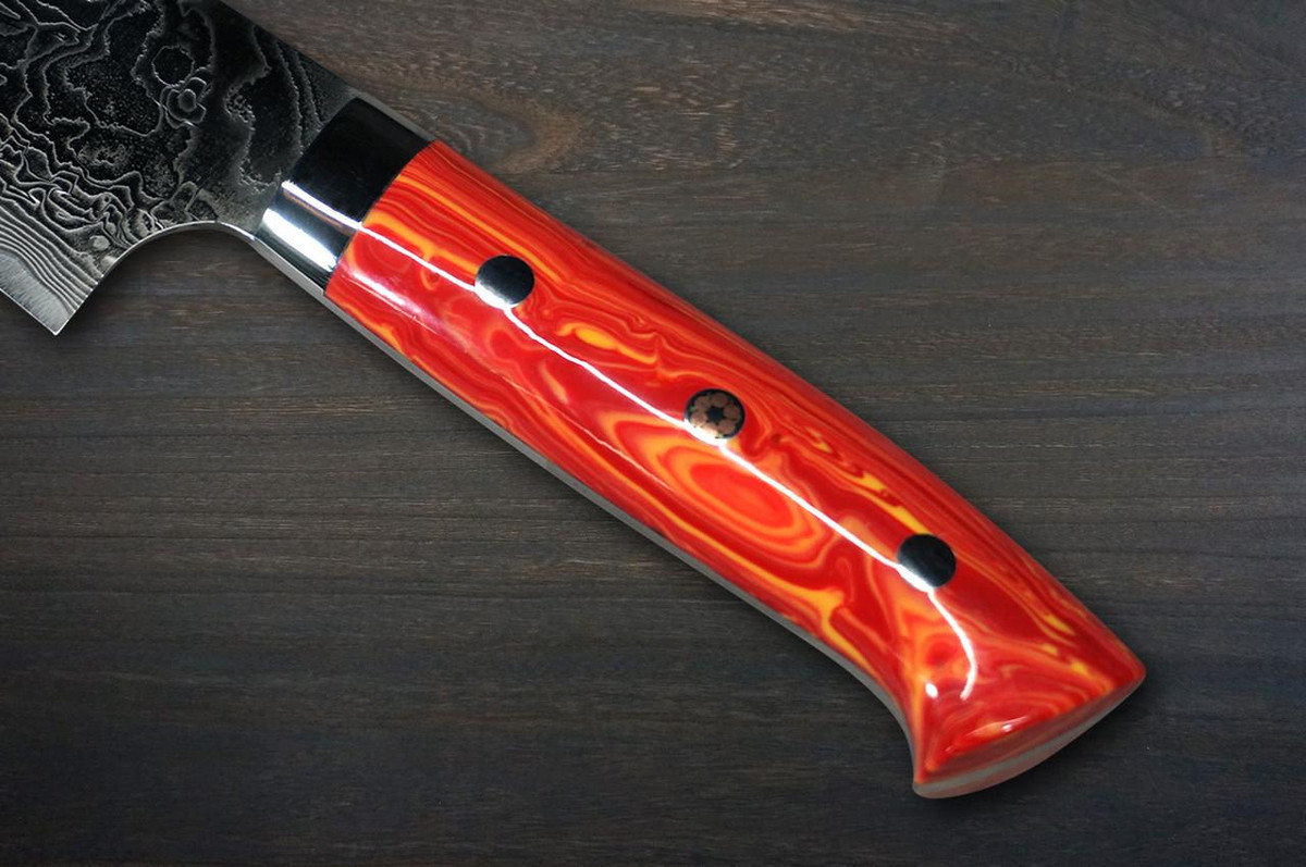 Takeshi Saji R2 Diamond Finish Damascus TCR Japanese Chef's Gyuto Knife 180mm with Red-Yellow Turquoise Handle 