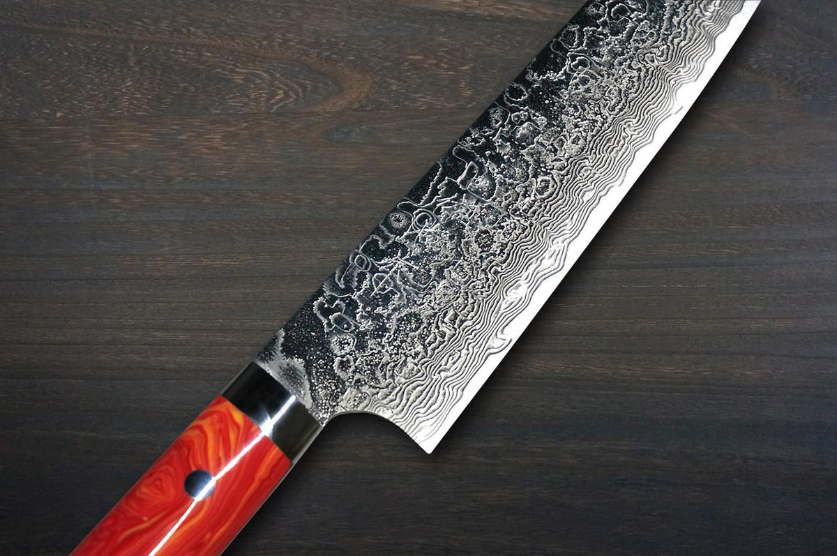 Takeshi Saji R2 Diamond Finish Damascus TCR Japanese Chef's Gyuto Knife 180mm with Red-Yellow Turquoise Handle 