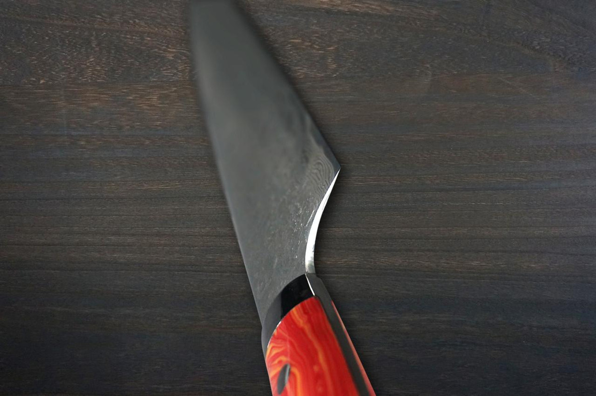 Takeshi Saji R2 Diamond Finish Damascus TCR Japanese Chef's Gyuto Knife 180mm with Red-Yellow Turquoise Handle 