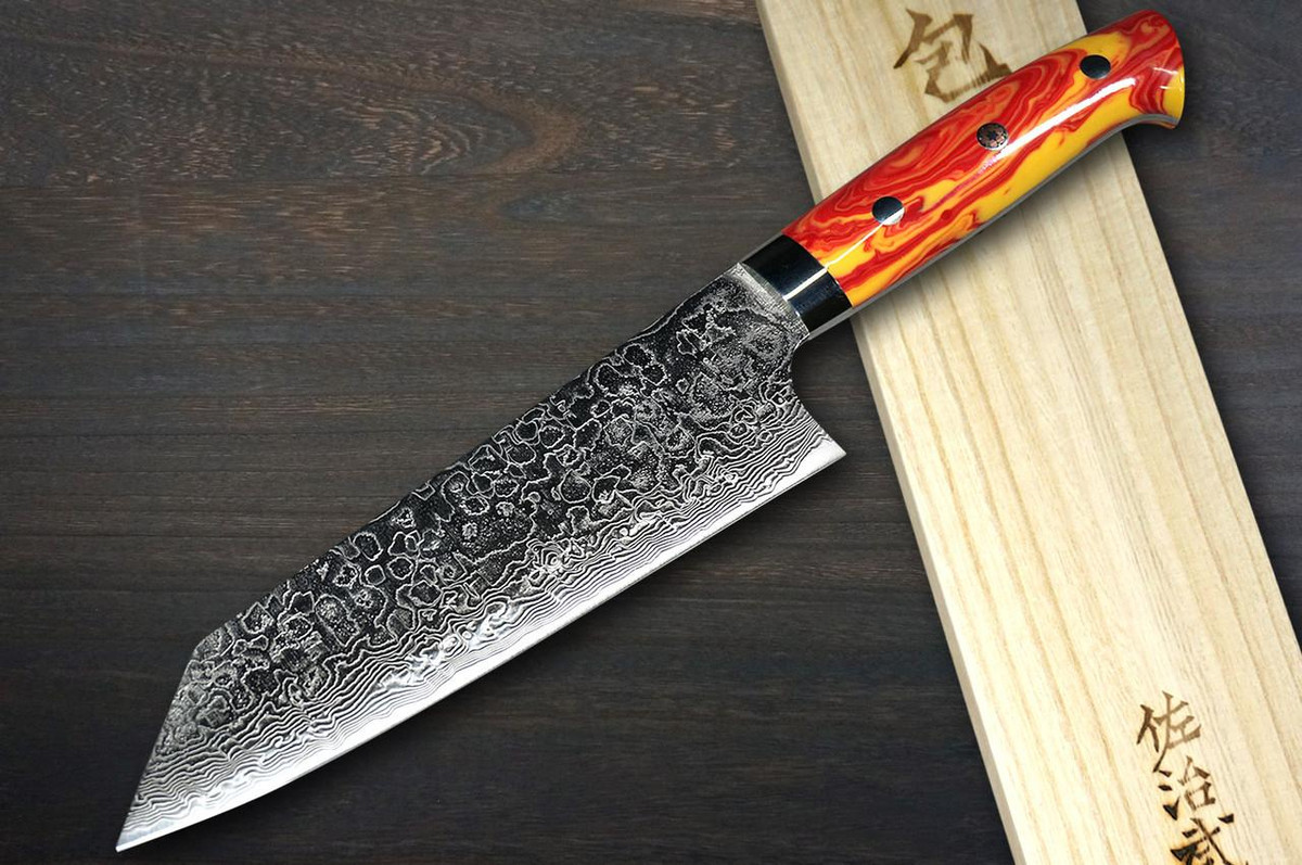 Takeshi Saji R2 Diamond Finish Damascus TCR Japanese Chef's Bunka Knife 180mm with Red-Yellow Turquoise Handle 