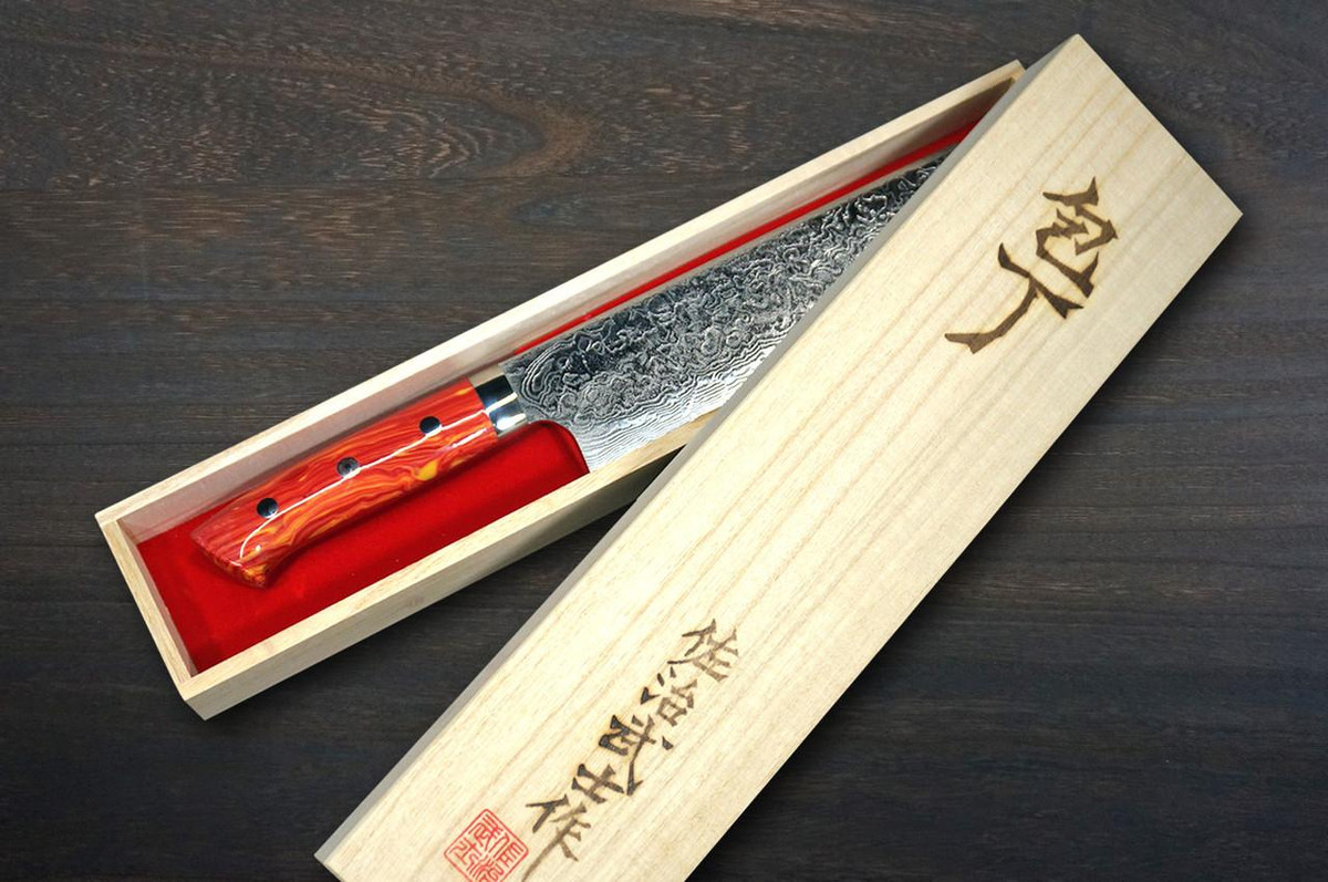Takeshi Saji R2 Diamond Finish Damascus TCR Japanese Chef's Nakiri(Vegetable) 170mm with Red-Yellow Turquoise Handle 
