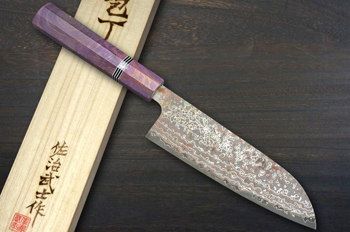 Takeshi Saji VG10W Colored Damascus Nashiji STW Japanese Chef's Santoku Knife 170mm with Stabilized Hybrid Wood Handle 
