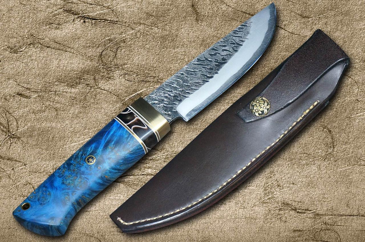 Daisuke Nishida Shirogami No.1 Damascus Japanese Chef's Petty Knife(Utility) 115mm with Stabilized Burl Birch Handle [Gray-Blue] 