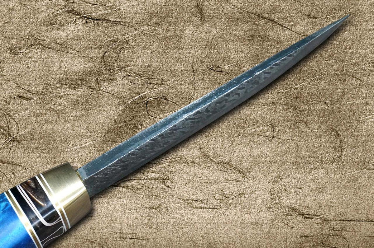 Daisuke Nishida Shirogami No.1 Damascus Japanese Chef's Petty Knife(Utility) 115mm with Stabilized Burl Birch Handle [Gray-Blue] 