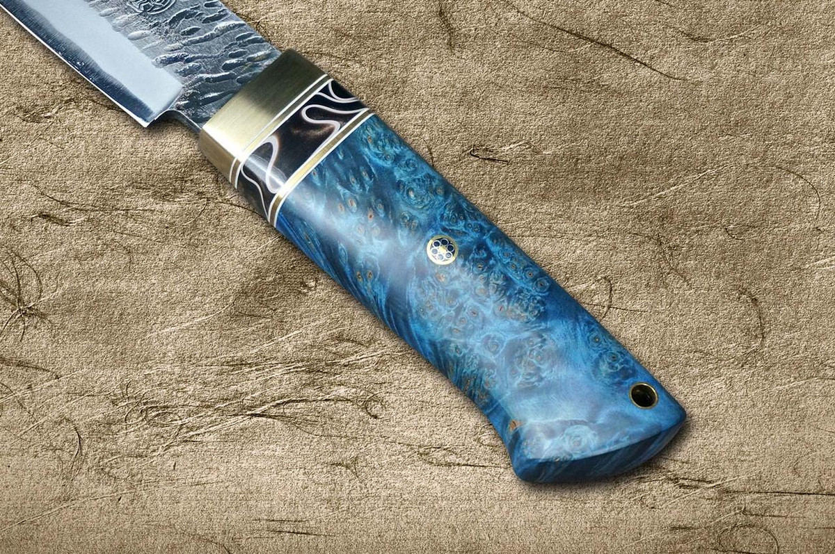 Daisuke Nishida Shirogami No.1 Damascus Japanese Chef's Petty Knife(Utility) 115mm with Stabilized Burl Birch Handle [Gray-Blue] 