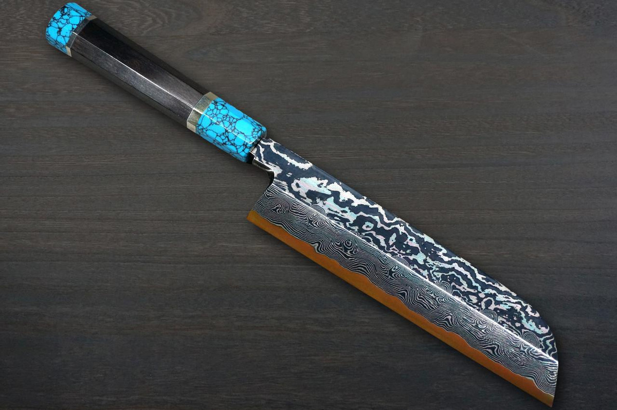 Keiichi Fujii HEKIRYUSHI Aogniko Black Damascus Japanese Chef's Kamagata-Usuba(Vegetable) 210mm with Double Blue Turquoise & Ebony Handle 