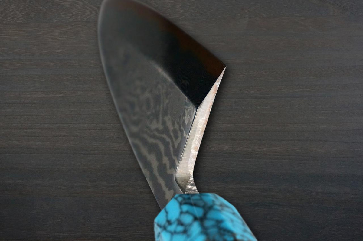 Keiichi Fujii HEKIRYUSHI Aogniko Black Damascus Japanese Chef's Deba Knife 150mm with Double Blue Turquoise & Ebony Handle 