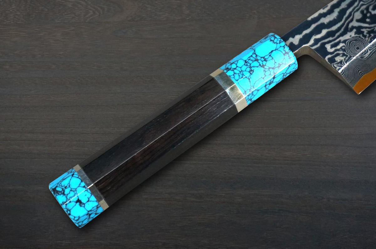 Keiichi Fujii HEKIRYUSHI Aogniko Black Damascus Japanese Chef's Deba Knife 150mm with Double Blue Turquoise & Ebony Handle 