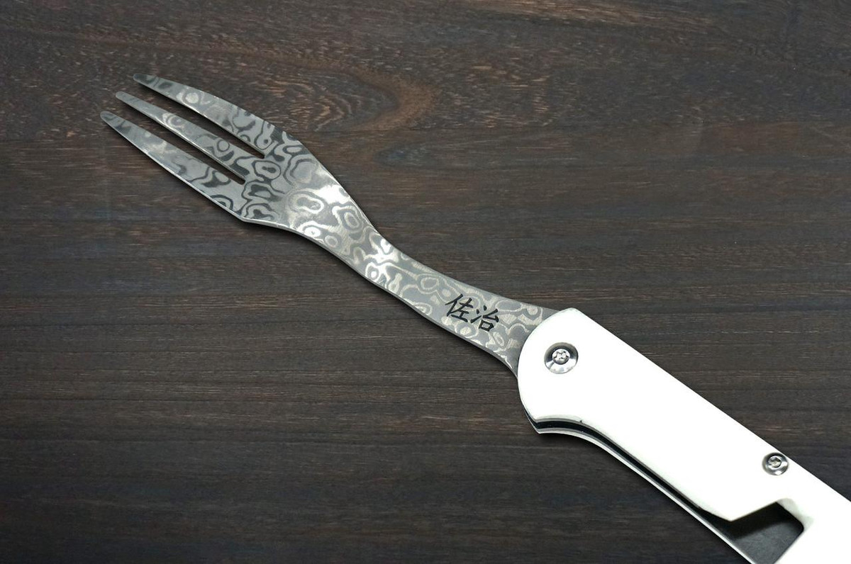Takeshi Saji Folding R2(SG2) Black Damascus Fork 88mm with White Micarta Handle 
