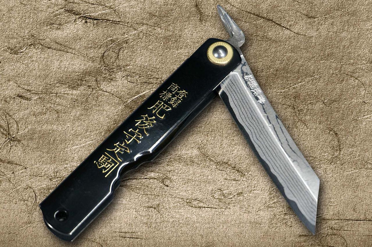 HIGONOKAMI Nagao Kanekoma Aogami Damascus Engraving Folding Kritsuke-Petty Knife(Utility) 90mm with Black Brass Handle [TIGER] 