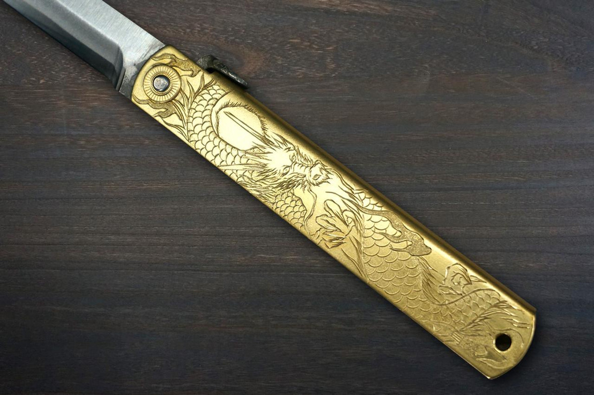 HIGONOKAMI Nagao Kanekoma Aogami Engraving Folding Kritsuke-Petty Knife(Utility) 90mm with Golden Brass Handle [Holy Beasts - SEIRYU] 