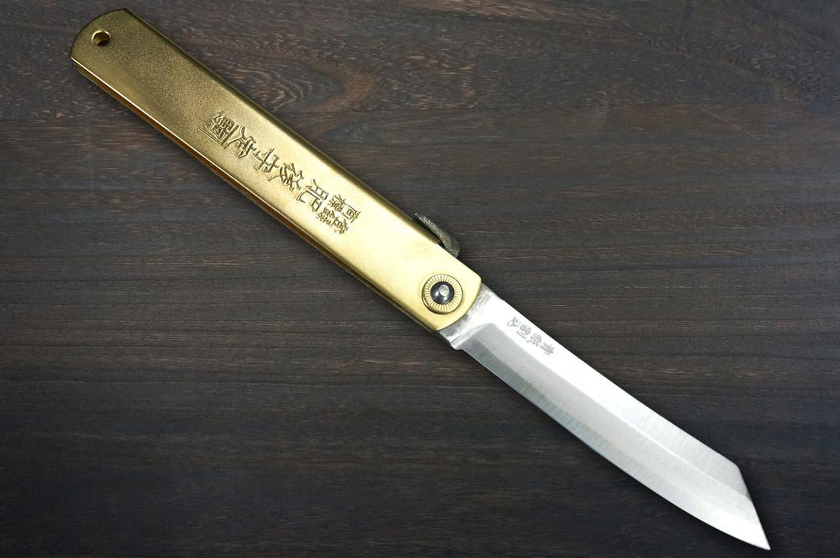 HIGONOKAMI Nagao Kanekoma Aogami Engraving Folding Kritsuke-Petty Knife(Utility) 90mm with Golden Brass Handle [Holy Beasts - SEIRYU] 
