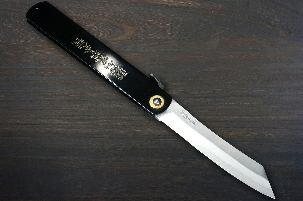 HIGONOKAMI Nagao Kanekoma Aogami Engraving Folding Kritsuke-Petty Knife(Utility) 90mm with Black Brass Handle [Holy Beasts - SEIRYU] 