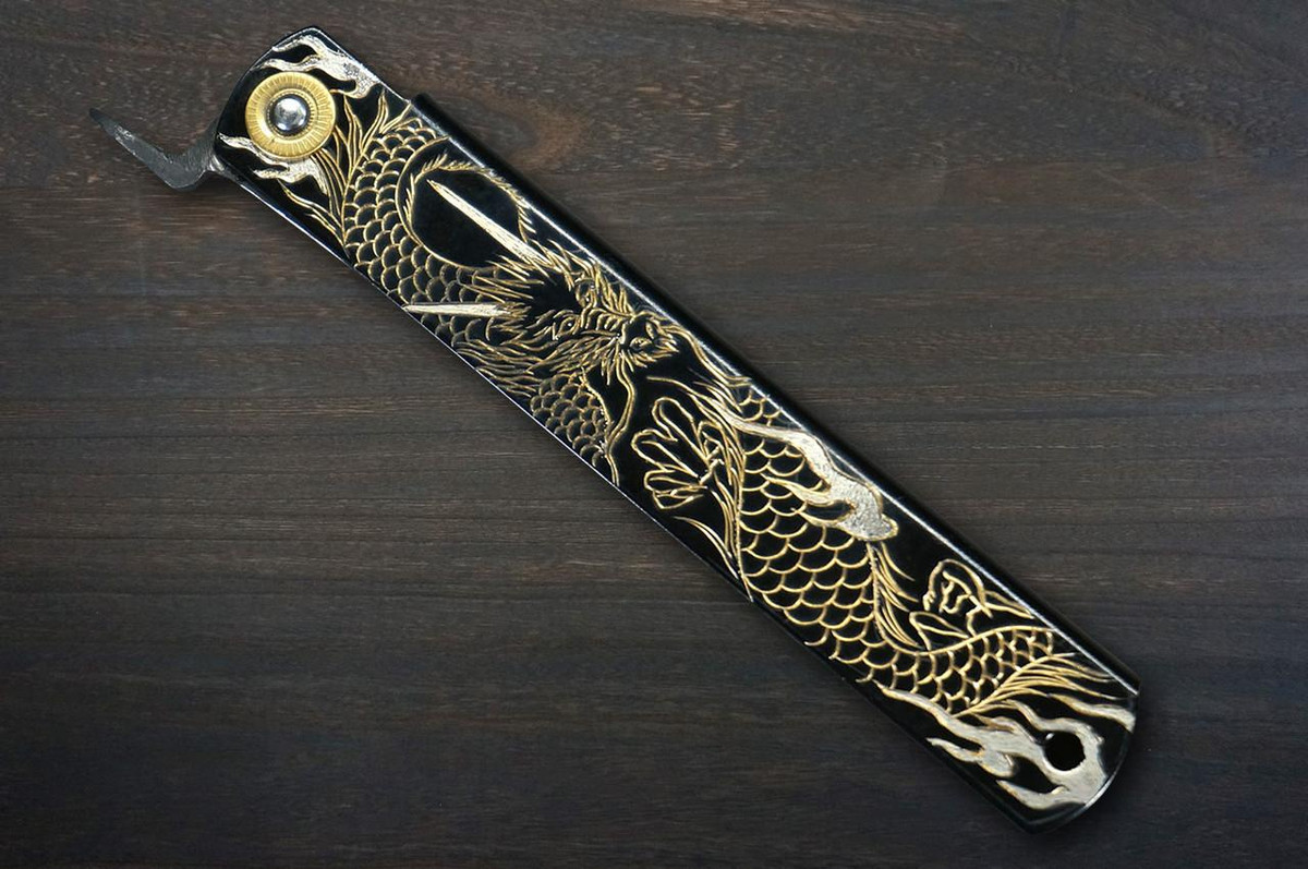 HIGONOKAMI Nagao Kanekoma Aogami Engraving Folding Kritsuke-Petty Knife(Utility) 72mm with Black Brass Handle [Holy Beasts - SEIRYU] 