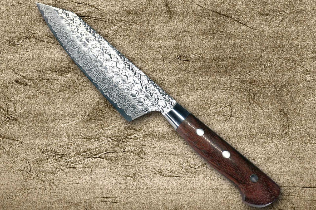 Sakai Takayuki SPG2 Damascus Hammered IRN Japanese Chef's Kengata-Santoku Knife 160mm with Desert Ironwood Handle 