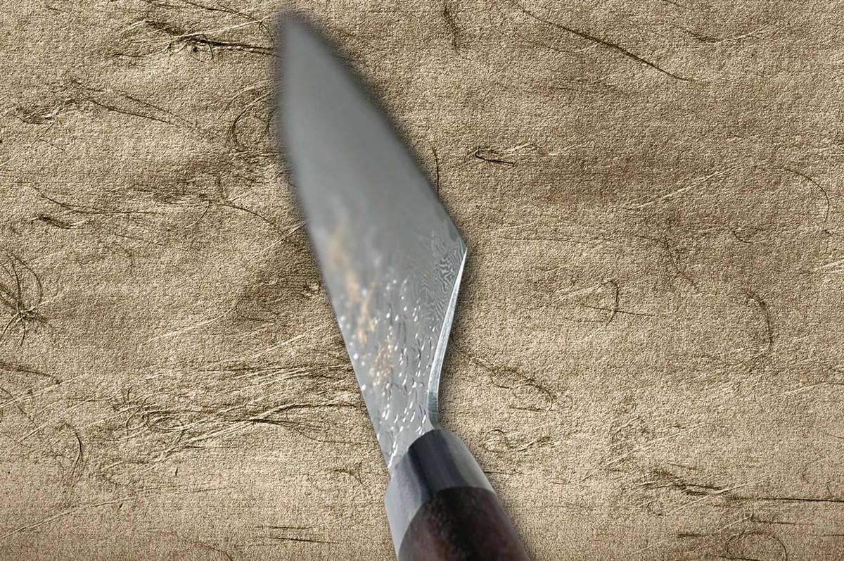 Sakai Takayuki SPG2 Damascus Hammered IRN Japanese Chef's Kengata-Santoku Knife 160mm with Desert Ironwood Handle 