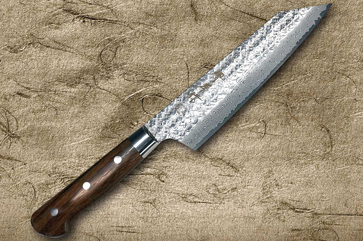 Sakai Takayuki SPG2 Damascus Hammered IRN Japanese Chef's Kengata-Gyuto Knife 190mm with Desert Ironwood Handle 
