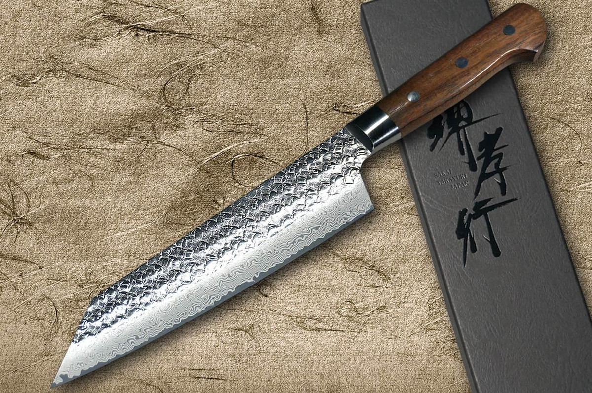 Sakai Takayuki SPG2 Damascus Hammered IRN Japanese Chef's Kengata-Gyuto Knife 190mm with Desert Ironwood Handle 