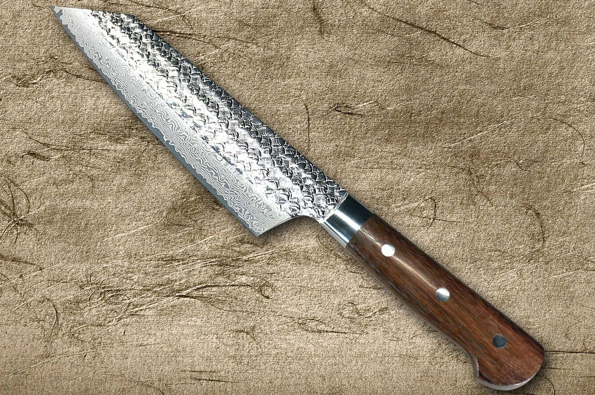 Sakai Takayuki SPG2 Damascus Hammered IRN Japanese Chef's Kengata-Gyuto Knife 190mm with Desert Ironwood Handle 