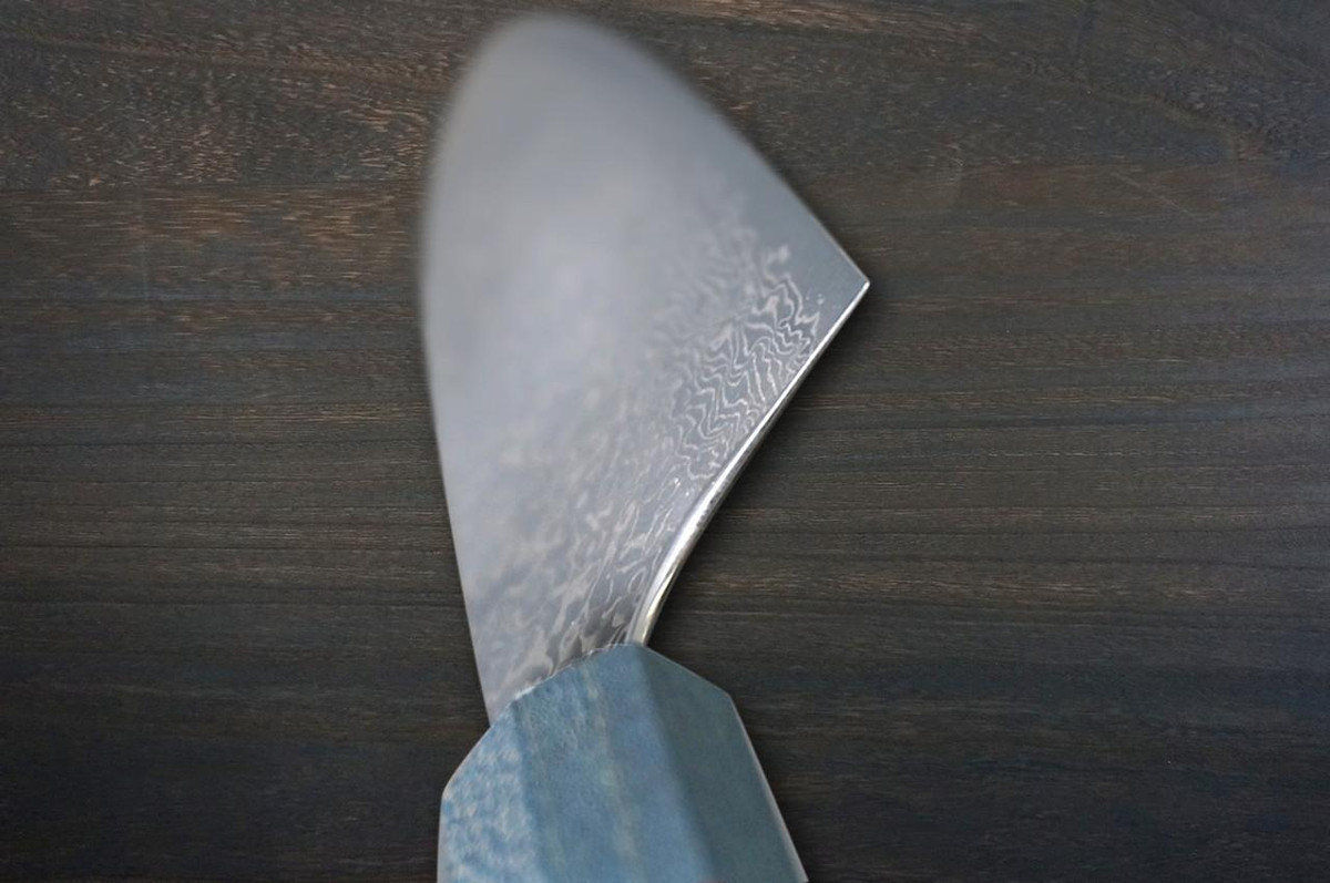 Yoshimi Kato 63 Layer VG10 Black Damascus STWA Japanese Chef's Santoku Knife 170mm with Stabilized Hybrid Wood Handle [Light Blue - Red&Black Rings] 