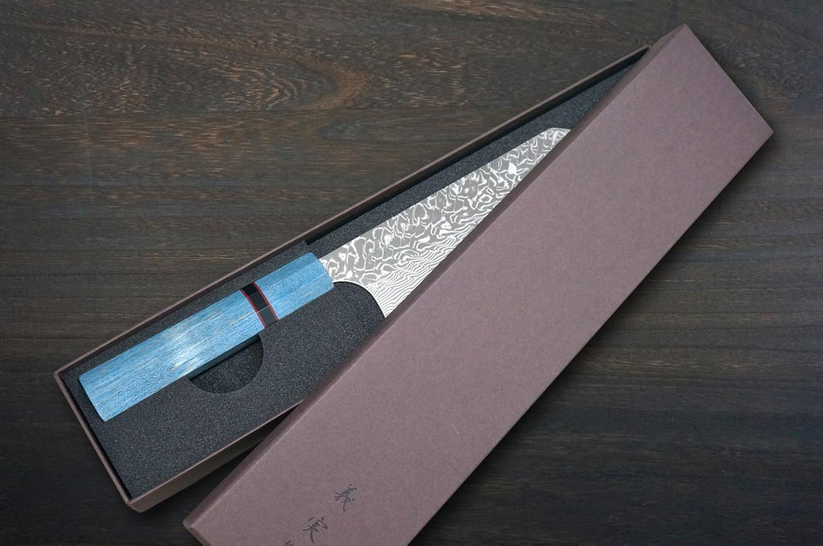 Yoshimi Kato R2 Black Damascus STWA Japanese Chef's Bunka Knife 170mm with Stabilized Hybrid Wood Handle [Blue - Red&Black Rings] 