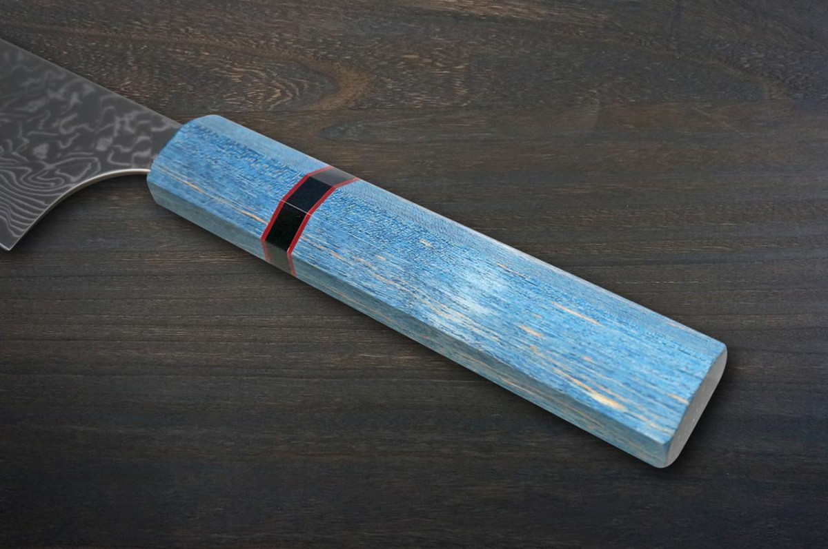 Yoshimi Kato R2 Black Damascus STWA Japanese Chef's Bunka Knife 170mm with Stabilized Hybrid Wood Handle [Blue - Red&Black Rings] 