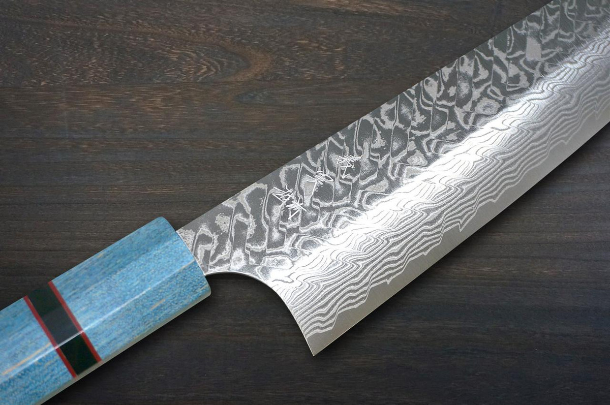 Yoshimi Kato R2 Black Damascus STWA Japanese Chef's Bunka Knife 170mm with Stabilized Hybrid Wood Handle [Blue - Red&Black Rings] 
