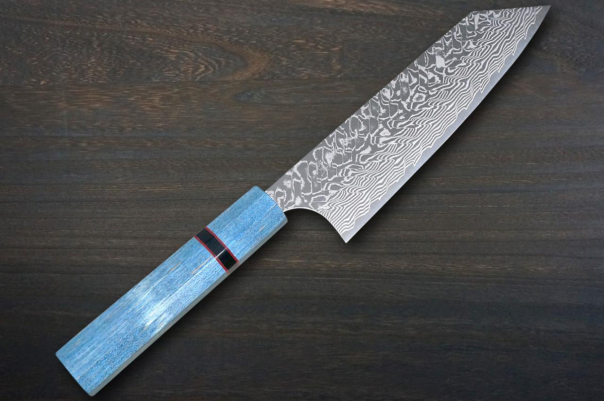 Yoshimi Kato R2 Black Damascus STWA Japanese Chef's Bunka Knife 170mm with Stabilized Hybrid Wood Handle [Blue - Red&Black Rings] 