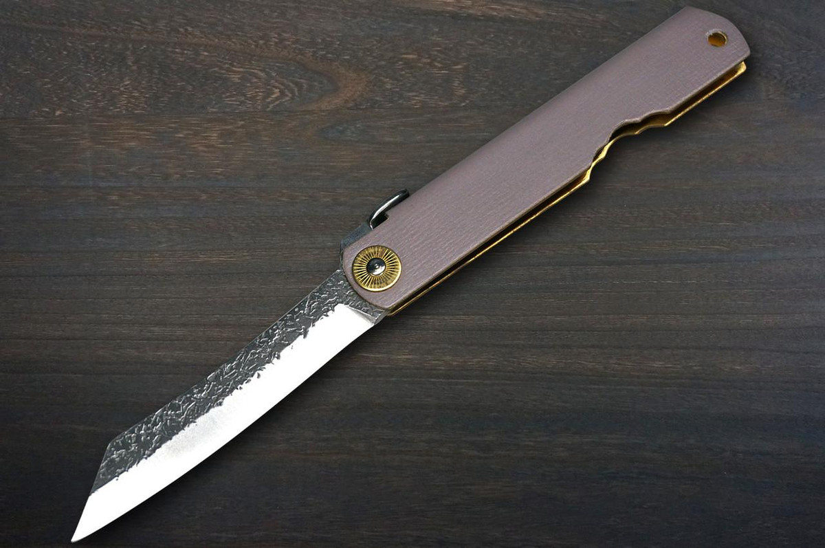 HIGONOKAMI Nagao Kanekoma VG10 Kurouchi Hammered LTH Folding Kritsuke-Petty Knife(Utility) 72mm with Leather Handle LAVENDER 