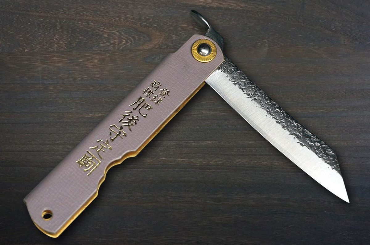 HIGONOKAMI Nagao Kanekoma VG10 Kurouchi Hammered LTH Folding Kritsuke-Petty Knife(Utility) 72mm with Leather Handle LAVENDER 